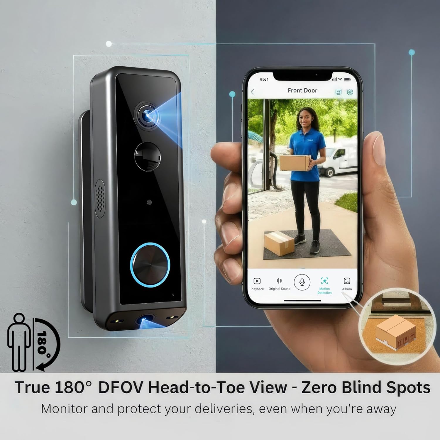 VigiSec Battery Video Doorbell Wireless - 2K 180° Full View Battery Powered or Wired Doorbell Camera with Night Vision, Device Sharing, Two-Way Talk, Live Alerts, Works with Alexa, No Subscription Fee 2k 5mp Battery & Wired