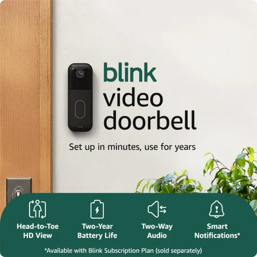 Blink Video Doorbell System (newest gen) - Head-to-toe HD view, two-year battery life, simple setup, IP-65 - Works with Alexa - Sync Module Core included – (Black) - newest gen Black 1.Without Subscription Doorbell + Sync Module