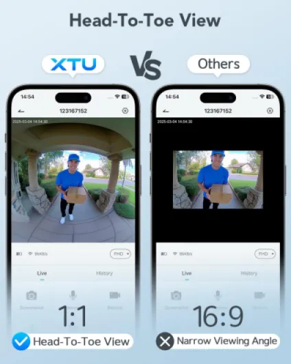 XTU Video Doorbell Camera Wireless, 2K HD Smart Door bell Camera Head-to-Toe View, Battery Operated, PIR Motion Detection, Night Vision, 2-Way Audio, SD Card & Cloud Storage, Works with Alexa Black