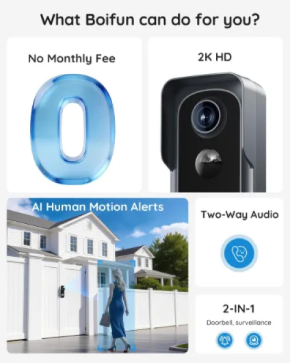 BOIFUN 2K Video Doorbell Camera Wireless, No Monthly Fee, Motion Detection, Two-way Talk, Clear Night Vision, Rechargeable Battery, Works with Alexa, SD Card & Cloud Storage, 2.4GHz Black