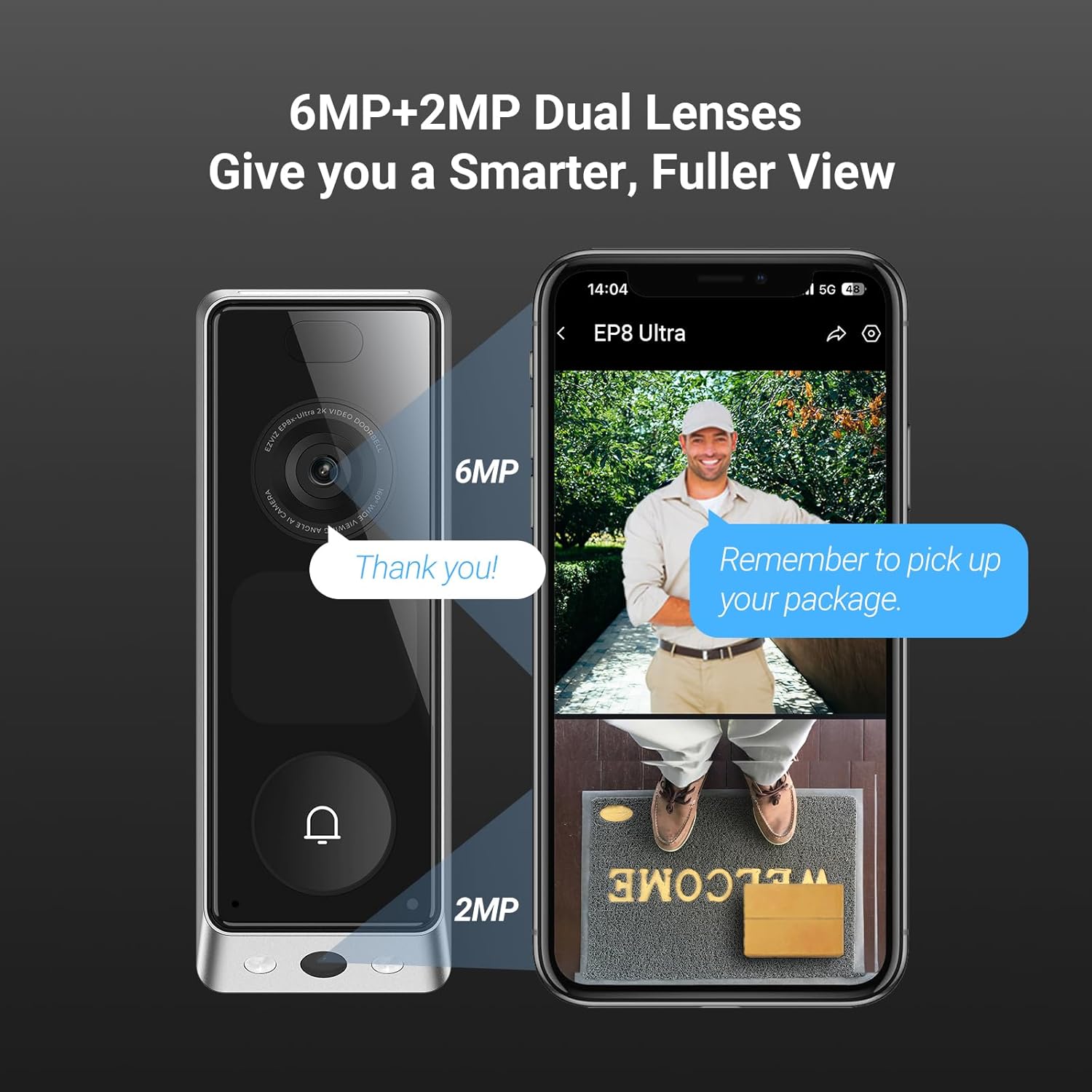 EZVIZ Video Doorbell Dual Camera 6MP & 2MP with Chime, WLAN Bell Wireless, 2 x 9600 mAh Battery, Integrated Screen, Person/Parcel Detection, 32 GB Internal Memory, Colour Night Vision, EP8 Ultra Black