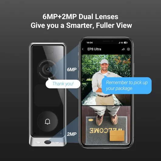EZVIZ Video Doorbell Dual Camera 6MP & 2MP with Chime, WLAN Bell Wireless, 2 x 9600 mAh Battery, Integrated Screen, Person/Parcel Detection, 32 GB Internal Memory, Colour Night Vision, EP8 Ultra Black