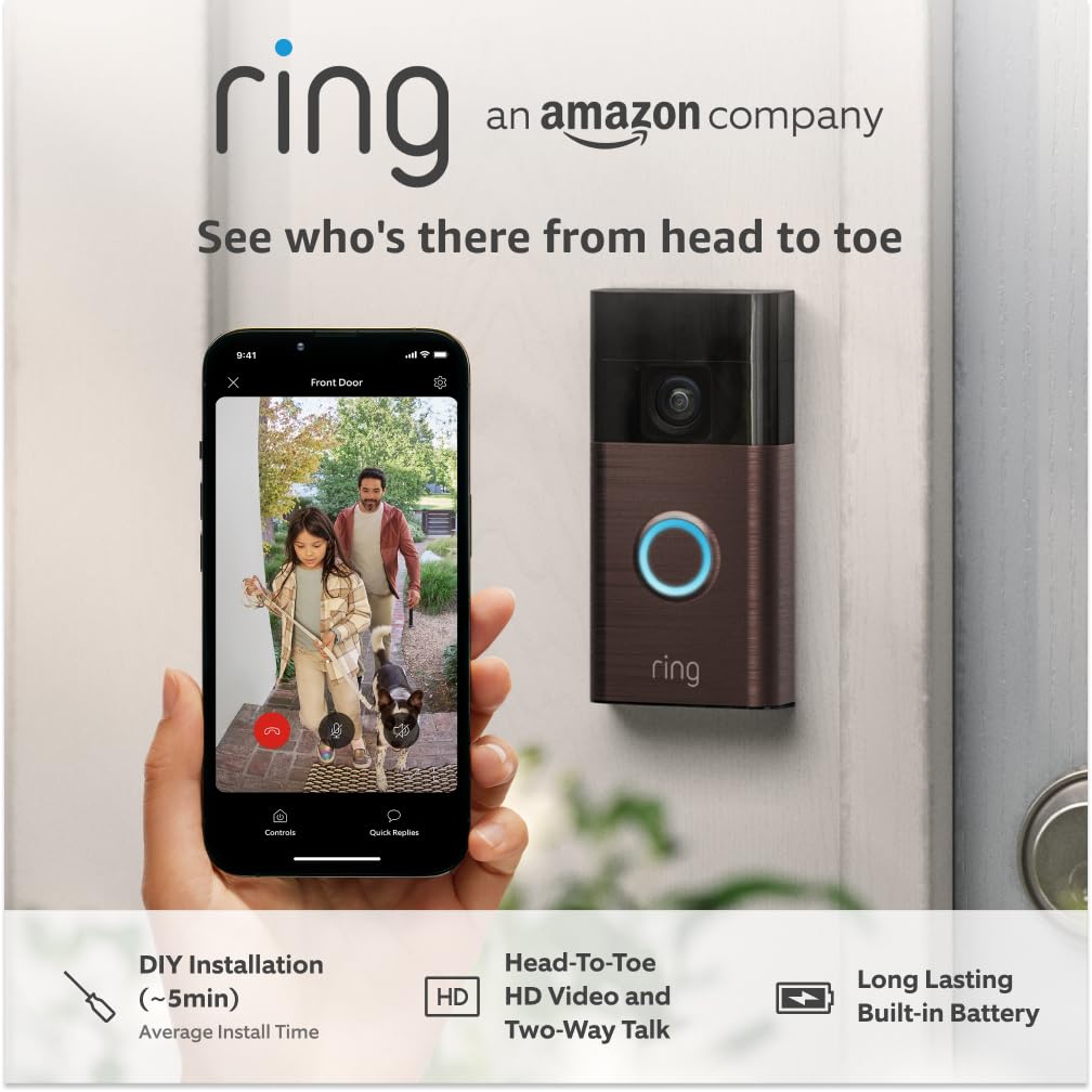 Battery Video Doorbell - DIY Wireless Video Doorbell Camera with Head-To-Toe View, HD Video - Easy to install (5 min) - With Built-in Battery I 30-day free trial of Ring Subscription Plan Device only Venetian Bronze