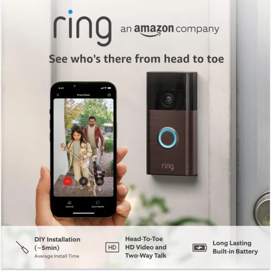 Battery Video Doorbell - DIY Wireless Video Doorbell Camera with Head-To-Toe View, HD Video - Easy to install (5 min) - With Built-in Battery I 30-day free trial of Ring Subscription Plan Device only Venetian Bronze
