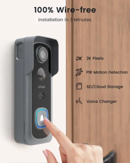 Doorbell Camera Wireless No Monthly Fee, 2K HD Video Doorbell with Chime, Smart AI Detection Instant Alert, 2-Way Talk, Clear Night Vision, Only 2.4GHz WIFI, Works with Alexa, Grey