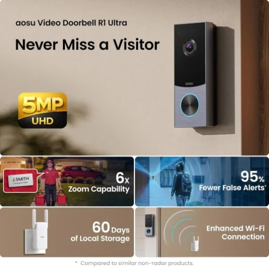 Aosu Video Doorbell Wireless, 5MP UHD, 3 Motion Detection, Camera Support 2.4/5 GHz WiFi, 180-Day Battery Life, 2 Month Local Storage, WiFi aosuBase Mini, 8G Built-in