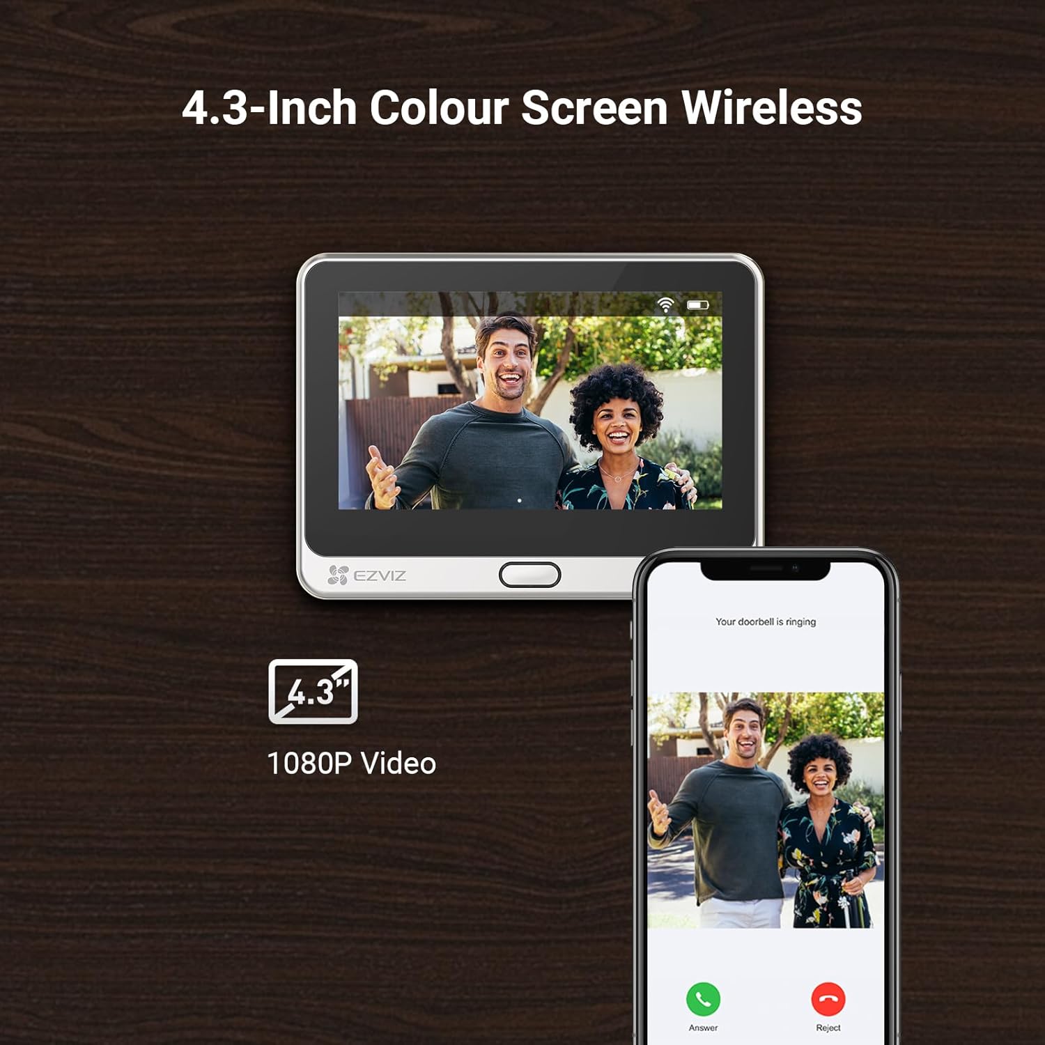 WiFi Doorbell with 4600 mAh Battery, 4.3 Inch Colour Screen, 155° Wide Angle and PIR Sensor, 2MP Door Viewer Camera with Wireless Monitor, Two-Way Audio and Live View Available, DP2C Silver